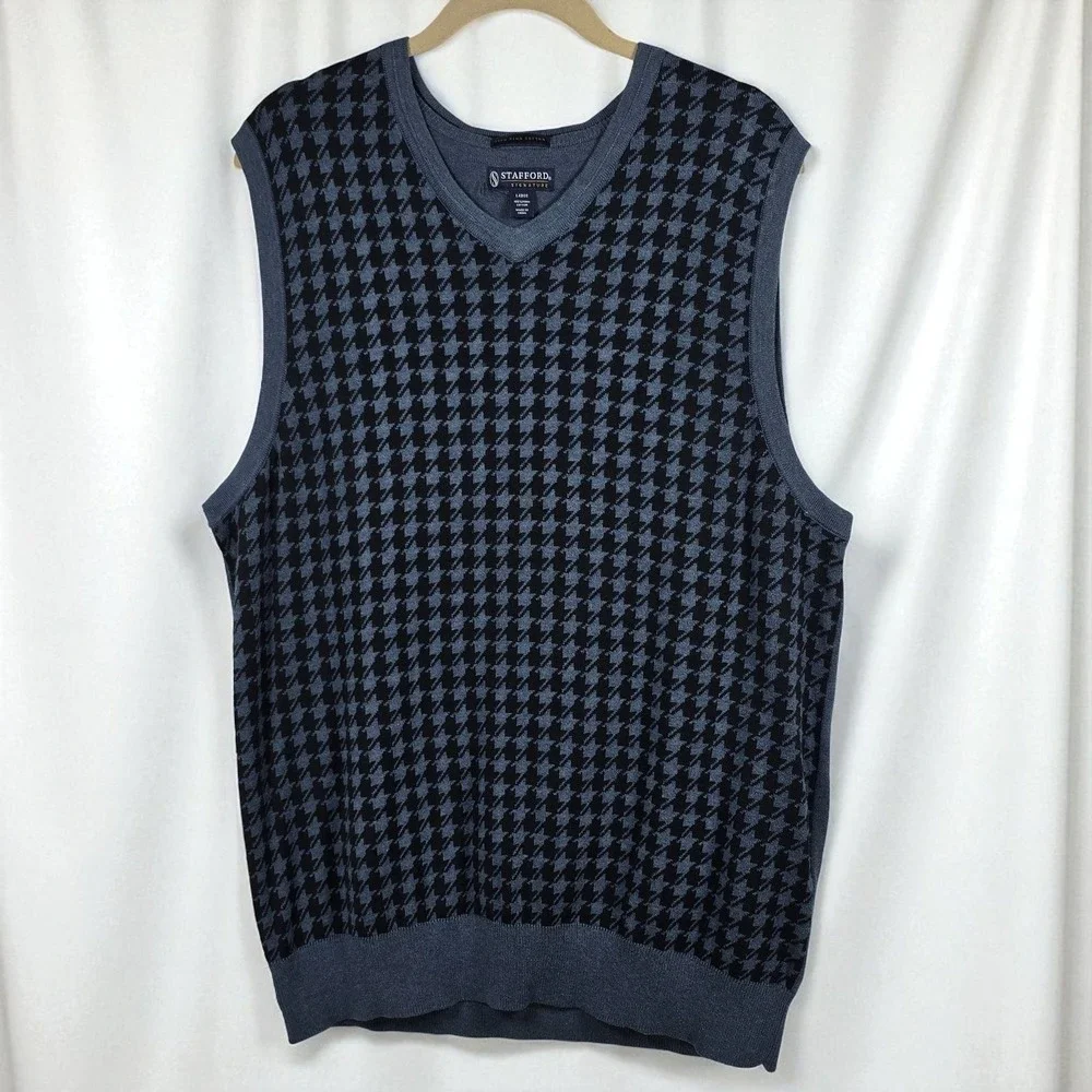 Stafford Signature Men's Sweater Vest Large Houndstooth Pima Cotton Blue Preppy‎